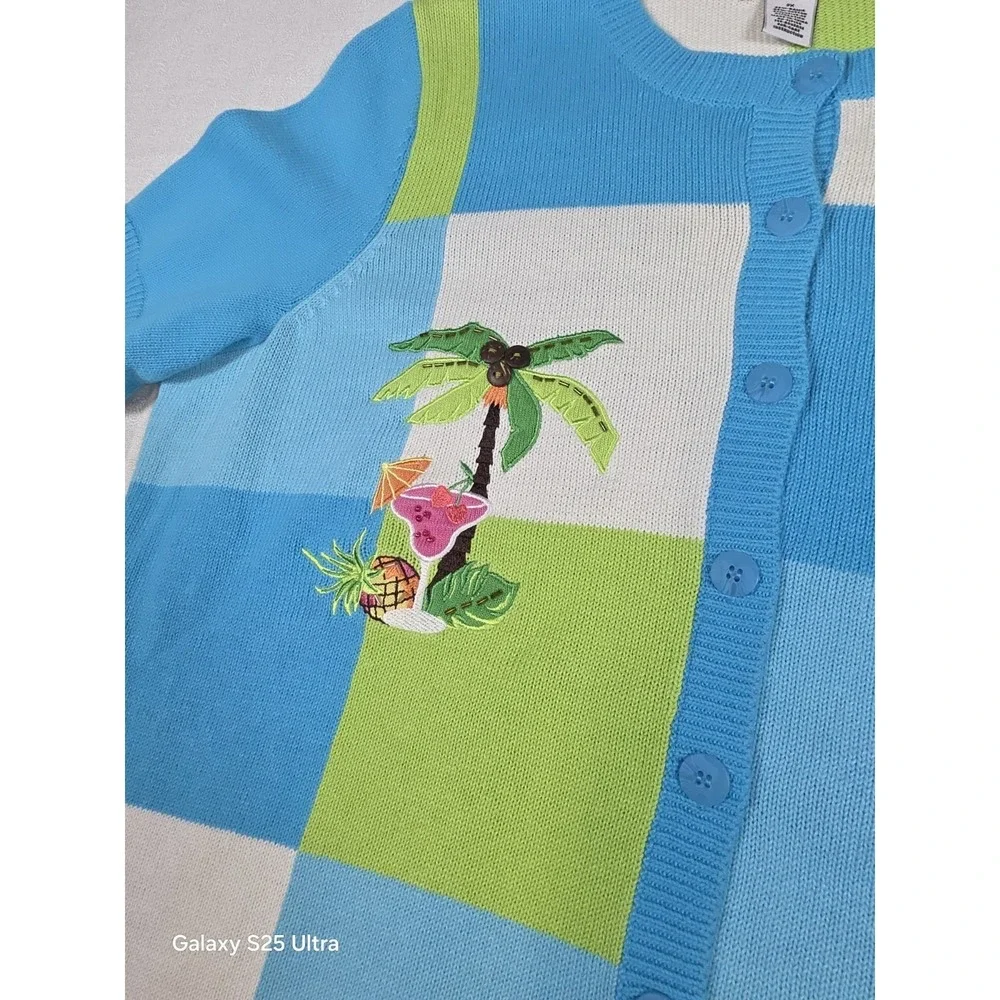 Breckenridge‎ Women 2X Palm Tree Short Sleeve Knit Cardigan Blue Green Tropical